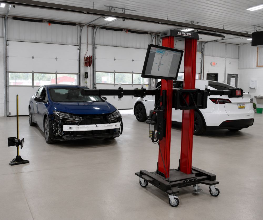 Heritage Collision ADAS equipment 2 Cars White Blue in body shop Ann Arbor MI Heritage-Collision-ADAS-equipment-2-Cars-White-Blue-in-body-shop-Ann-Arbor-MI